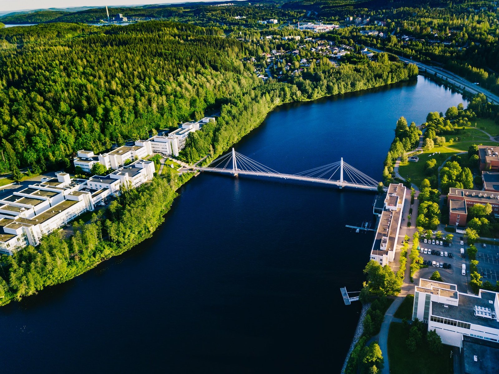 Aerial view of blue lake with cable-stayed bridge and green summer town in Finland.
